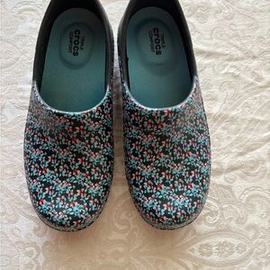 CROCS Black and Teal Floral Clogs